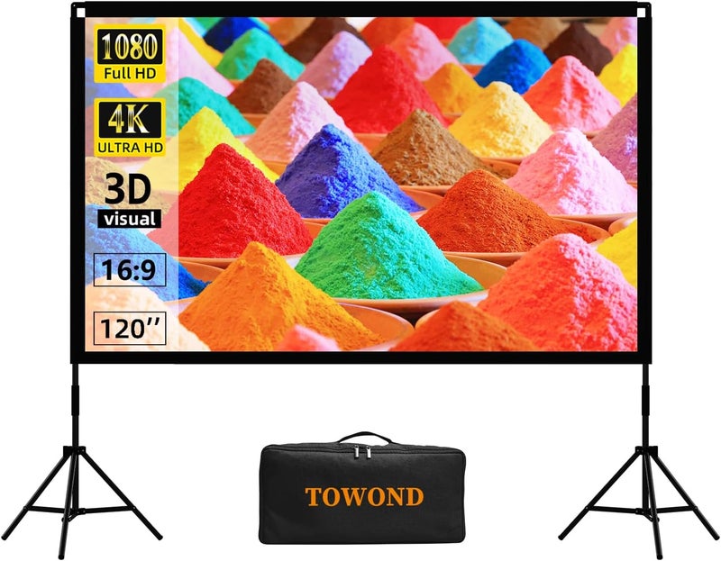 TOWOND شاشة بروجكتور مع حامل، شاشة أفلام محمولة 120 بوصة داخلية وخارجية 16:9 بدقة HD مع حقيبة حمل تصميم من قماش بوليستر قابل للطي وخالي من التجاعيد لمسرح المنزل - Image 1